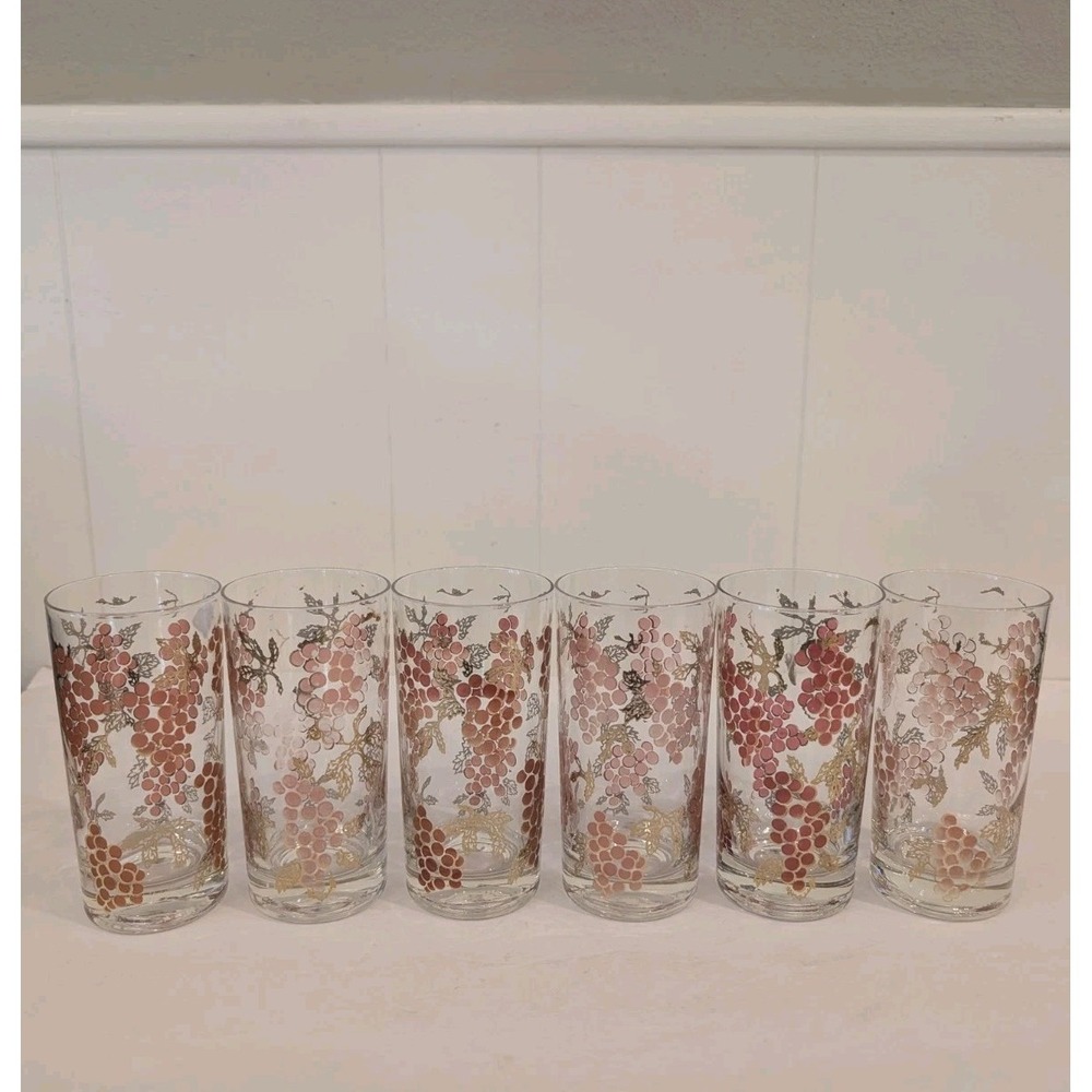 Vintage MCM Culver 22K Gold Highball Glasses Set Of 6 Grape Design Barware Glass
